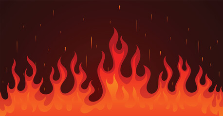 Burning fire flame on a dark background, spark, fire border