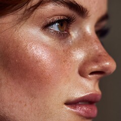 Fototapeta premium Close-up of cheeks with shimmering highlighter, emphasizing the real skin texture.