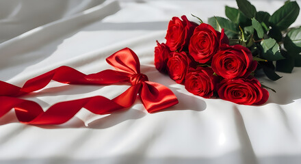 Beautiful bouquet of red roses with satin ribbon on white fabric background, symbol of love, passion, and romance, Valentine’s Day floral concept for celebration and wedding decoration