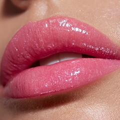 Obraz premium Close-up of pearly pink lips, emphasizing the moisture texture.