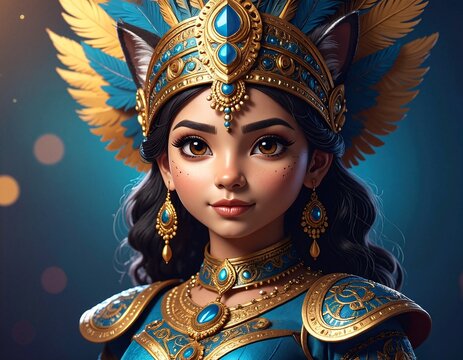 A woman elegantly adorned in a stunning Egyptian goddess costume, featuring intricate gold jewelry, a flowing white gown, and a striking headdress. - Powered by Adobe