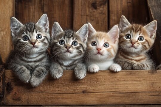 Four curious kittens with large blue eyes leaning over a wooden box against a rustic wood background