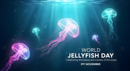 Bioluminescent jellyfish floating in deep ocean water world jellyfish day