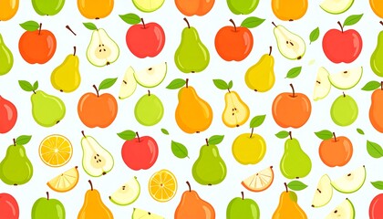 A cheerful and vibrant pattern featuring colorful apples, pears, and orange slices, arranged in a delightful, repeating design.