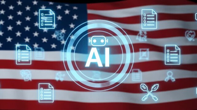 An American flag background with an AI symbol and technology icons overlay