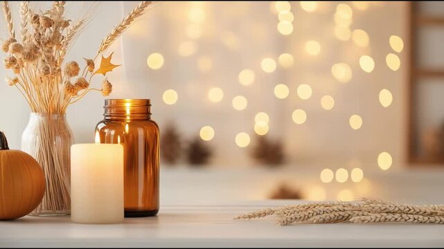 Cozy autumn decor with candles, dried flowers, and warm lighting in a serene indoor setting