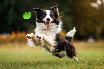 joyful black and white dog mid-air leaping to catch a green frisbee in a grassy park during golden hour