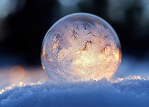 Close-up of a frozen soap bubble with intricate ice crystal patterns glowing softly with warm light against a snowy surface and blurred dark background