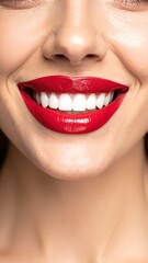 Fototapeta premium A woman smiles brightly, showcasing her flawless white teeth and bold red lipstick, exuding confidence and charm in a vibrant, lively setting.