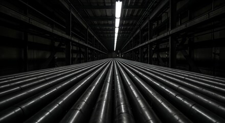 Warehouse Conveyor System: An eye-level perspective of a vast warehouse interior, where endless metallic cylinders converge towards a central light.