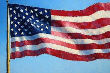 Obraz premium Waving flag with red and white stripes and white stars on a blue field under a clear blue sky