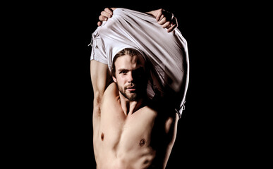 Fototapeta premium Sexy male model body, nude torso. Sexy naked man, seductive gay. Muscular shirtless man, attractive guy.