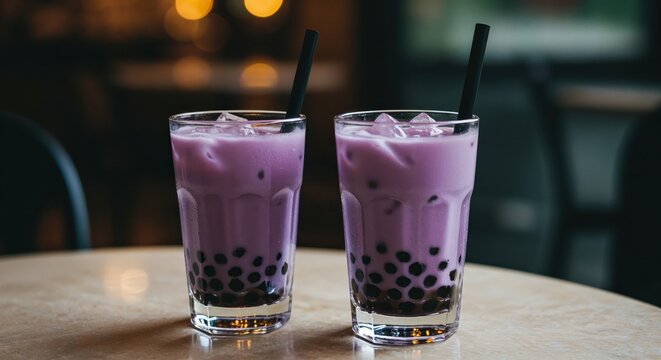 Taro Bubble Tea Delight: Two refreshing glasses of taro bubble tea sit on a marble table, the pastel purple liquid swirling with tapioca pearls. The background is softly blurred.