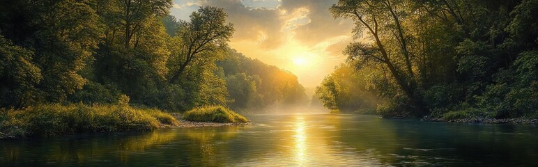 Tranquil river flowing through dense green forest with golden sunlight breaking through early morning mist