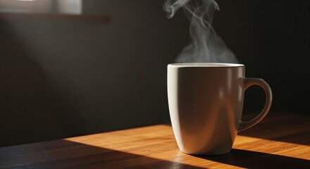 Steaming Mug of Morning Bliss: A pristine white mug filled with steaming beverage rests on a polished wooden table, the soft light illuminating the wisps of vapor that rise.
