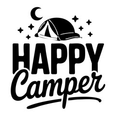 &ldquo;Happy Camper&rdquo; typography with tent and stars &mdash; retro outdoor camping adventure T-shirt vector design