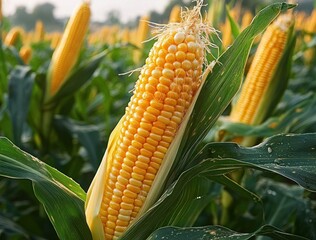Close-up of ripe yellow corn on the cob partially husked in a green cornfield under natural light