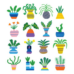 Hand Drawn Potted Plant Vector Set, Colorful Indoor Houseplant Illustration Collection	
