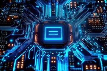 Fototapeta premium Close-up of a glowing futuristic microchip on a circuit board with blue and orange illuminated pathways showing electronic connections