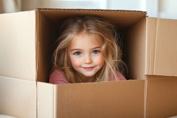Fototapeta premium Smiling young blonde girl with blue eyes peeking out from inside a large cardboard box indoors