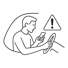 Person Driver Use Cell Phone While Driving Vector Line Icon
