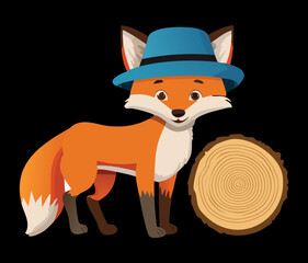 Dapper Fox Character Wearing a Stylish Blue Hat Standing Next to a Freshly Cut Tree Log in the Forest