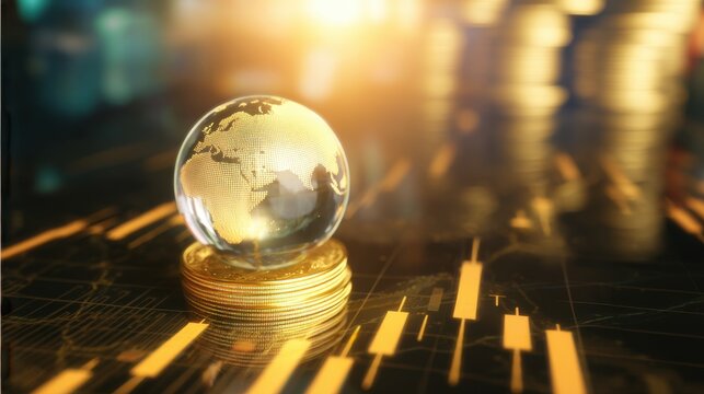Financial Globe: A radiant globe rests atop a stack of gleaming coins, the backdrop of financial growth. Illustrates worldwide commerce and economic potential.