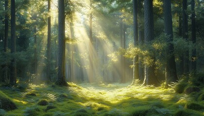 Obraz premium Sunlight beams filtering through tall trees in a dense green forest with moss and ferns covering the forest floor creating a serene and peaceful atmosphere