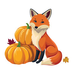 Friendly Fox Sitting Happily Next to a Trio of Large Pumpkins and Autumn Squash on a Sunny Day