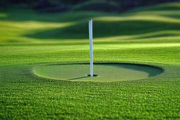 Close-up view of a golf hole on a lush green golf course under natural sunlight creating soft shadows on the grass