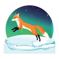 Dynamic Illustration of a Red Fox Leaping Gracefully Over Icy Snow Covered Ground on a Winter Night