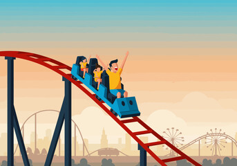 Excited Family Riding a Roller Coaster at an Amusement Park.