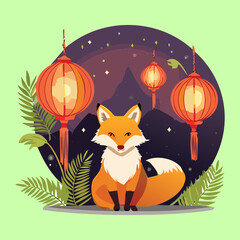 Cute Fox Character Sitting Calmly Surrounded by Traditional Red Lanterns During an Asian Night Festival