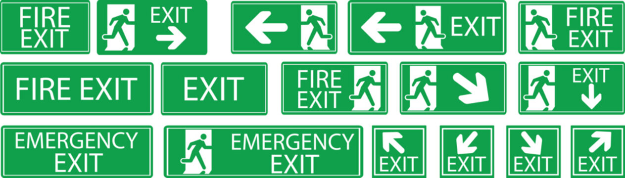 Emergency Exit Icon set. Vector illustration of running man and exit door sign. Escape and evacuation symbol. Various exit sign isolated white background.Evacuation and relocation of people to safety.