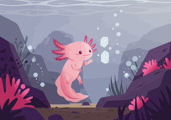 Cute pink cartoon axolotl swimming underwater with a smile.