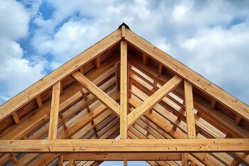 Fototapeta premium Close-up view of wooden roof frame structure under construction against partly cloudy sky