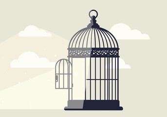 Elegant birdcage illustration with decorative design and small door artistic concept.
