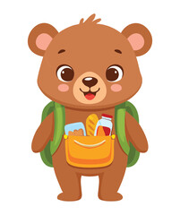 Cheerful Brown Bear Cub Wearing an Orange Backpack and Holding a Honey Pot with a Smile