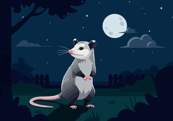A cute possum standing upright in a nighttime scene under the moon.