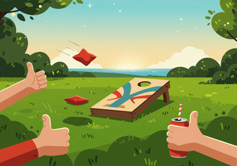 Cornhole game with bean bags and thumbs up in a park setting.