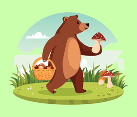 Cheerful Brown Bear Carrying a Woven Basket Full of Red Mushrooms in a Bright Green Forest Clearing Cartoon Graphic