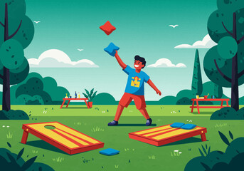 Young man playing cornhole outdoors enjoying a casual game in a vibrant park setting.