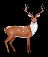 Graceful Brown Deer Standing in the Snowy Forest with Delicate White Snowflake Patterns on its Fur Winter Scene