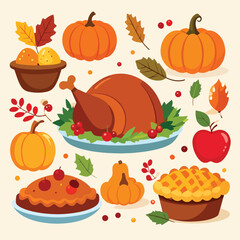 Flat lay of a traditional Thanksgiving meal with roasted turkey, pumpkins, pies, and fall leaves on a beige background.