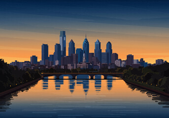 Philadelphia Skyline at Dusk with River Reflection.