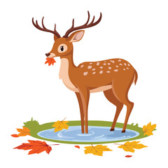 Spotted Deer with Antlers Chewing an Autumn Leaf Standing in a Natural Fall Scene Vector Cartoon Illustration Design