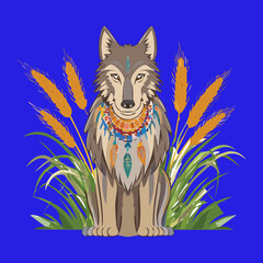 Mystical Gray Wolf Wearing Tribal Necklace and Feather Jewelry on Blue Background with Reeds Vector Portrait