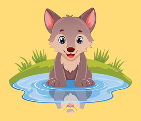 Sweet Baby Wolf Sitting in Yellow Water Puddle Vector Cartoon Illustration for Happy Forest Wildlife and Animal Theme