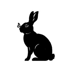 Black Rabbit Silhouette with Butterfly on Nose Representing Nature, Peace, and Wildlife Concept