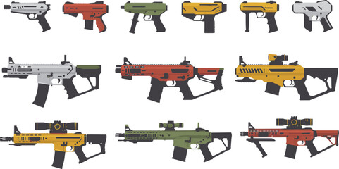 Colorful stylized handguns and rifles vector set with modern weapon designs for gaming, concept art, military, and tactical illustrations.